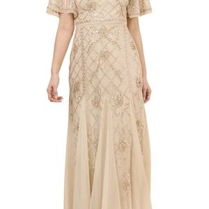 UNIQUE Adrianna Papell Champagne/Taupe Beaded Flutter Sleeve Maxi-Sz 12